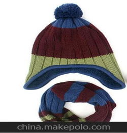 冬季欧美儿童纽扣条纹拼色加绒帽子围巾二件套