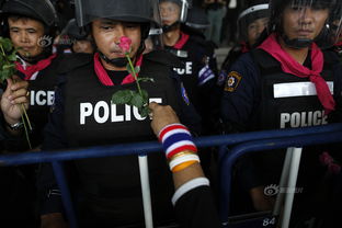 泰国示威活动继续 抗议者向警察献花 