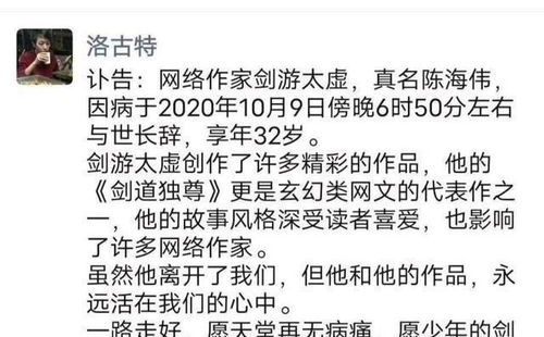 网络小说作家剑游太虚因病去世,享年32岁 辰东也请保重身体 网文 网易订阅 