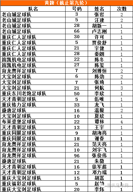 第九轮比赛积分表 射手榜 红黄牌 