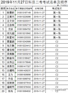 2019年11月27日科目二考考试名单及顺序 