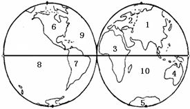 读图.回答下列问题 1 填出以下数字所代表的大洲的名字 2 3 7 2 填出以下数字所代表的大洋的名字 8 10 3 北美洲和南美洲之间的分界线是 运河. 4 四大洋中 