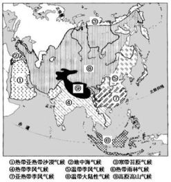 分析亚洲气候类型分布图完成下列问题 1 归纳亚洲的显著气候特征是 多样. 显著. 分布广. 2 世界上季风气候分布最广的是亚洲.其东部和南部自北而南分别是 . 