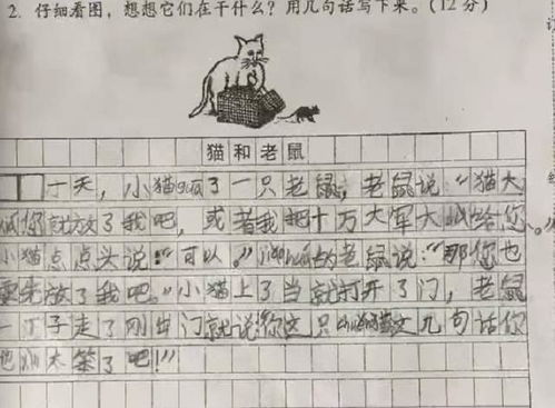 小学生试卷上的 作品 ,将 猫和老鼠 故事延续,,浑身全是戏