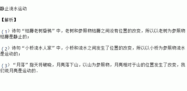 诗句 枯藤老树昏鸦 中.以老树为参照物枯藤是 .诗句 小桥流水人家 中.以小桥为参照物 是运动的.诗句 月落乌啼霜满天 中.月亮相对于地面上的山来说它是 的. 