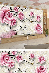 3d立体空间玫瑰水中花壁画背景墙 米粒分享网 Mi6fx Com