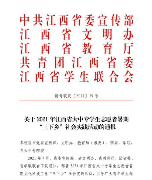 喜报 国际商务学院 永远跟党走 奋进新时代 国情观察实践团荣获2021年江西省大中专学生志愿者暑期 三下乡 社会实践活动优秀团队