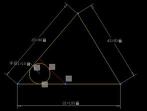 下图中红色的等边三角形在CAD中如何画出来,三个角在大三角形三条边上,而且一个边和圆相切 