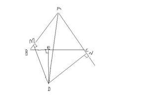 三角形ABC中，AD平分角BAC，DE是BC的中垂线，E为垂足，过D作DM垂直AB于M，DN垂直AC交AC的延长线于N，