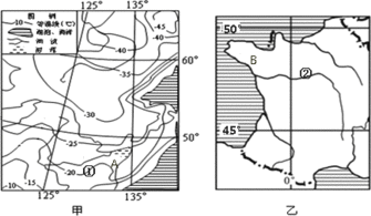 29.读甲.乙两幅区域图.完成下列要求. 1 甲图为某月等温线分布图.简述125 经线以东地区等温线分布的特点. 2 简述图乙中所示国家的地形特征. 3 填表完成图中 