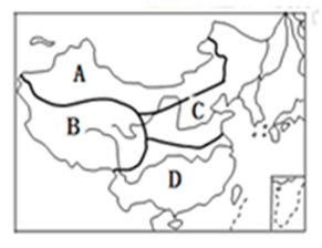 读我国区域划分图,回答问题 1 字母表示的区域名称 A B C D 2 在A B C D 区域中 耕地主要分布在 和 地区 