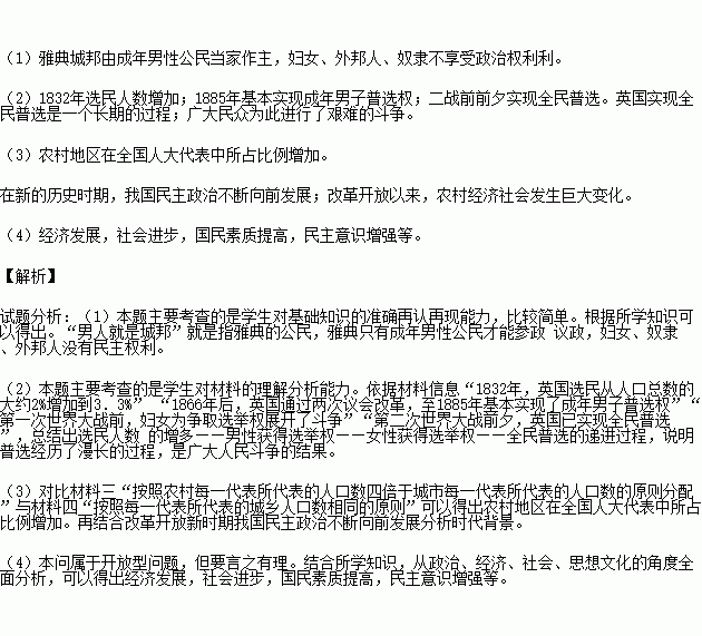 民主政治是历史发展趋势.并随着时代进步不断完善.阅读材料.回答问题.材料一 在中.修昔底德借尼西阿斯之口说出了这样一句话 男人就是城邦. 马克壵材料二 1832 