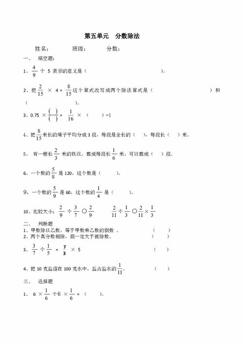 五年级分数除法练习题 图片搜索