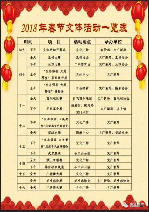 2018年春节文体活动一览表,正月初九拉开帷幕 