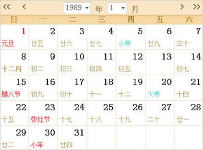 1989全年日历农历表 