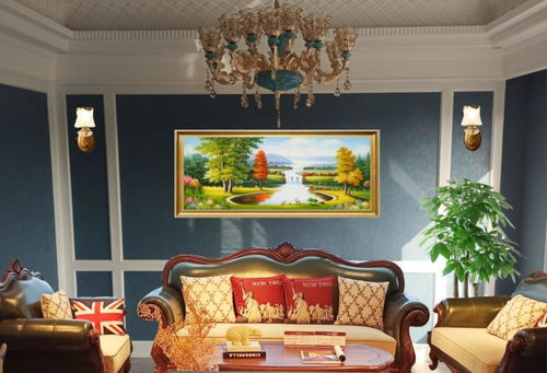 风格简欧的 深蓝色墙面的客厅,沙发后面也是深蓝色的,色调有些暗,搭配什么颜色的壁画合适 