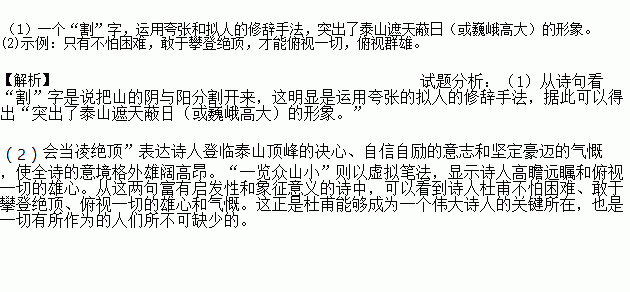 阅读下面这首诗.回答题.望岳岱宗夫如何 齐鲁青未了.造化钟神秀.阴阳割昏晓.荡胸生曾云.决眦入归鸟.会当凌绝顶.一览众山小. 1 请品味诗句 造化钟神秀.阴阳割昏晓 