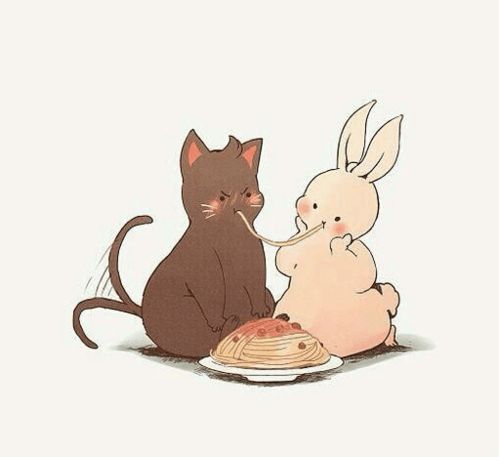 一只兔子与一只猫吃面条的情侣头像 