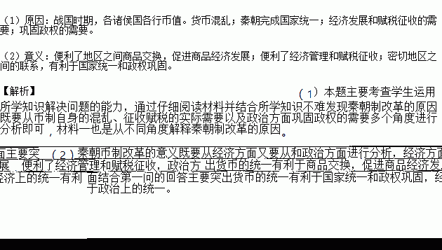 材料秦灭六国. 六合为一 .货币的混乱状态.给国家统一向各地征收赋税及各地区之间的商品经济交流都造成极大不便.不利于经济的发展和统一政权的巩固 