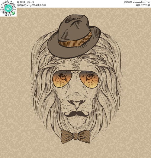 带帽子和墨镜的狮子手绘线描图形EPS素材免费下载 红动网 