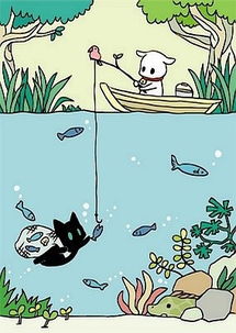 找一张卡通图一只公黑猫潜在水底给一个正在岸上钓鱼的白猫鱼饵的图片 