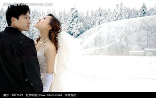 雪地中穿白色婚纱的女子和男子 