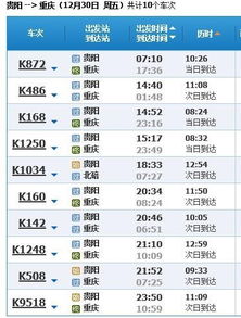 贵阳到重庆的火车时刻表