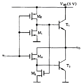 为什么CMOS反相器当V1输入为0时T1会导通？