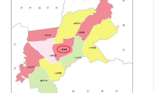 黑龙江绥化中部一个县,不与其他地级市接壤,目前未通铁路