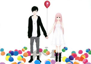 一个黑色头发的动漫男生和粉色头发的动漫女孩牵手中间是一个红色气球身后是满地的气球 