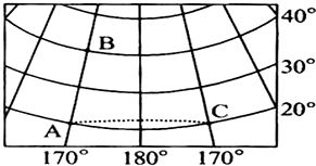1 图中B点在C点的西北方向.A点位于C点的正西方向. 2 若沿虚线由A点去C点.前进方向的变化过程是由东北方向变为东南方向. 3 B点的地理坐标是170 E.40 N.位于东西半球中的西半球 