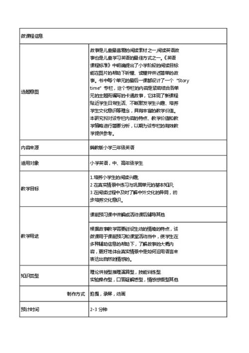 冀教版小学三年级英语微课设计方案 