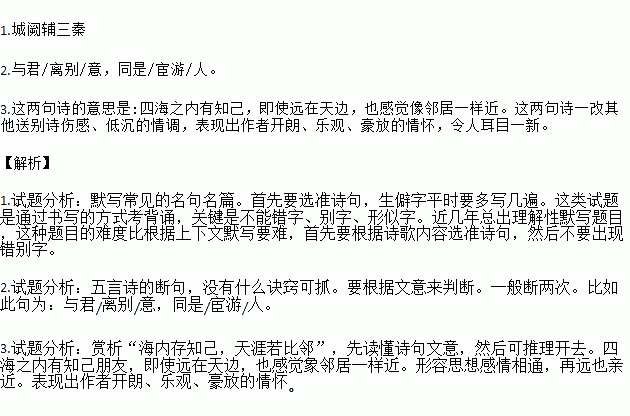 王勃赏析 .风烟望五津.与君离别意.同是宦游人.海内存知己.天涯若比邻.无为在歧路.儿女共沾巾.1.在横线上应填写的诗的原句是 .2.用 为下面诗句划分朗读节奏 