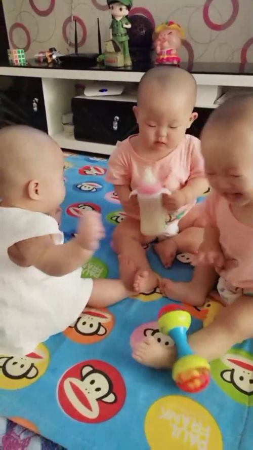 三个宝宝一起玩,其中一个还要抢奶喝,第三个就比较淡定了 