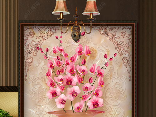 玉雕花瓶蝴蝶兰花3D玄关过道背景墙图片素材 效果图下载 