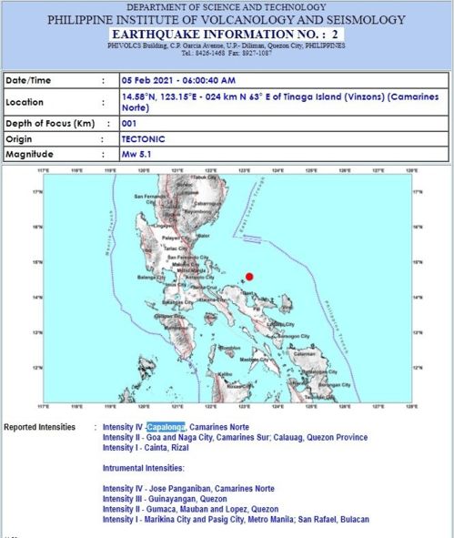 菲律宾吕宋岛东部外海发生5.1级中强震