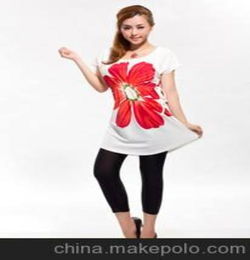 韩版最新女装新品大红花个性宽松大码短袖长T 淑女百搭T恤裙