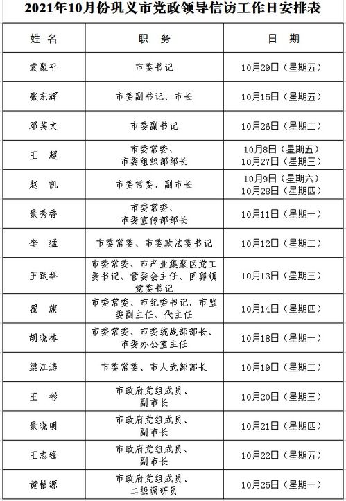 2021年10月份巩义市党政领导信访工作日安排表