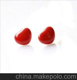 陶瓷首饰 爱心状大红色耳钉 可爱复古风中国红耳钉饰品 小红心