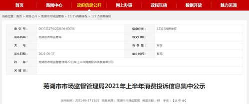安徽省芜湖市市场监管局2021年上半年消费投诉信息集中公示 