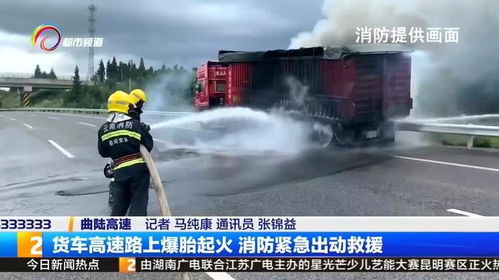 货车高速路上爆胎起火,消防紧急出动救援 