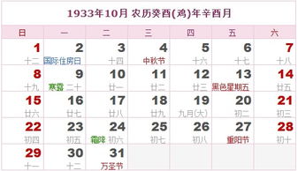 1933年日历表 1933年农历表 1933年是什么年 阴历阳历转换对照表 