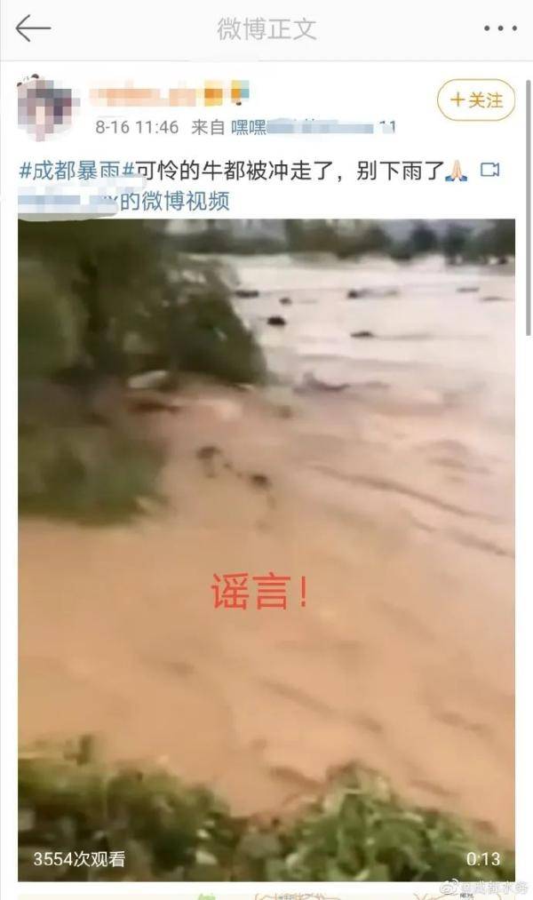 辟谣丨网传成都暴雨路人划船出行 牛被洪水冲走 都是假的