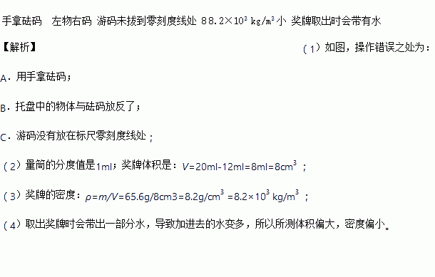 小羽同学在学校运动会上获得一枚奖牌.他想测出这枚奖牌的密度.做了如下实验. 1 首先用托盘天平测奖牌的质量.操作如图甲所示.请指出其中的错误 A. ,B. ,C. 