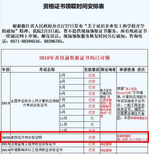 浙江2020高级经济师合格证明申请邮寄时间 2021年1月4日截止