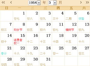 1954全年日历农历表 