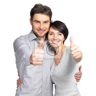 8049204244 Portrait of happy couple with thumbs up sign 