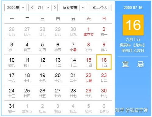 2000年农历的六月15日,公历是几月几号 