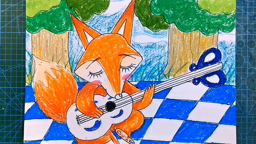 油画棒范画弹吉他的狐狸绘画教程 