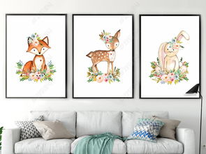 可爱卡通水彩麋鹿长颈鹿松鼠三联装饰画图片下载 